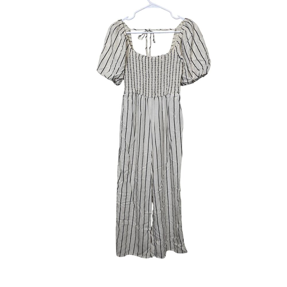 Luxology Women Beige Stripes Smocked Jumpsuit Balloon Sleeves Linen Blend M